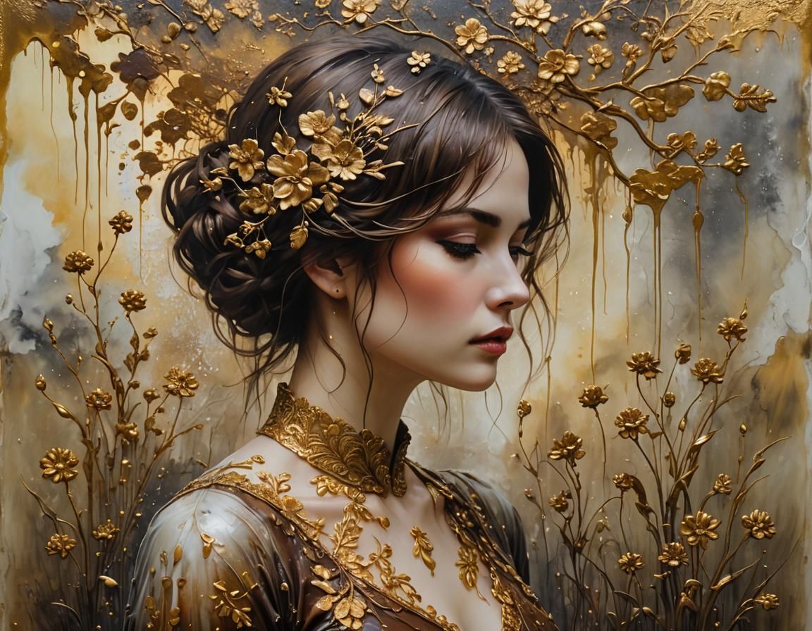 Surreal Encaustic Painting of Woman in Floral Landscape