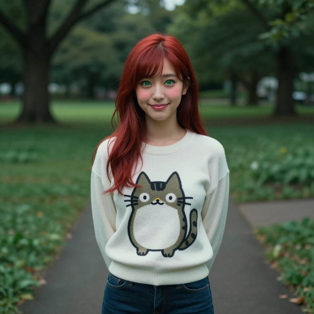 Woman in Pusheen Sweater in Scenic Park