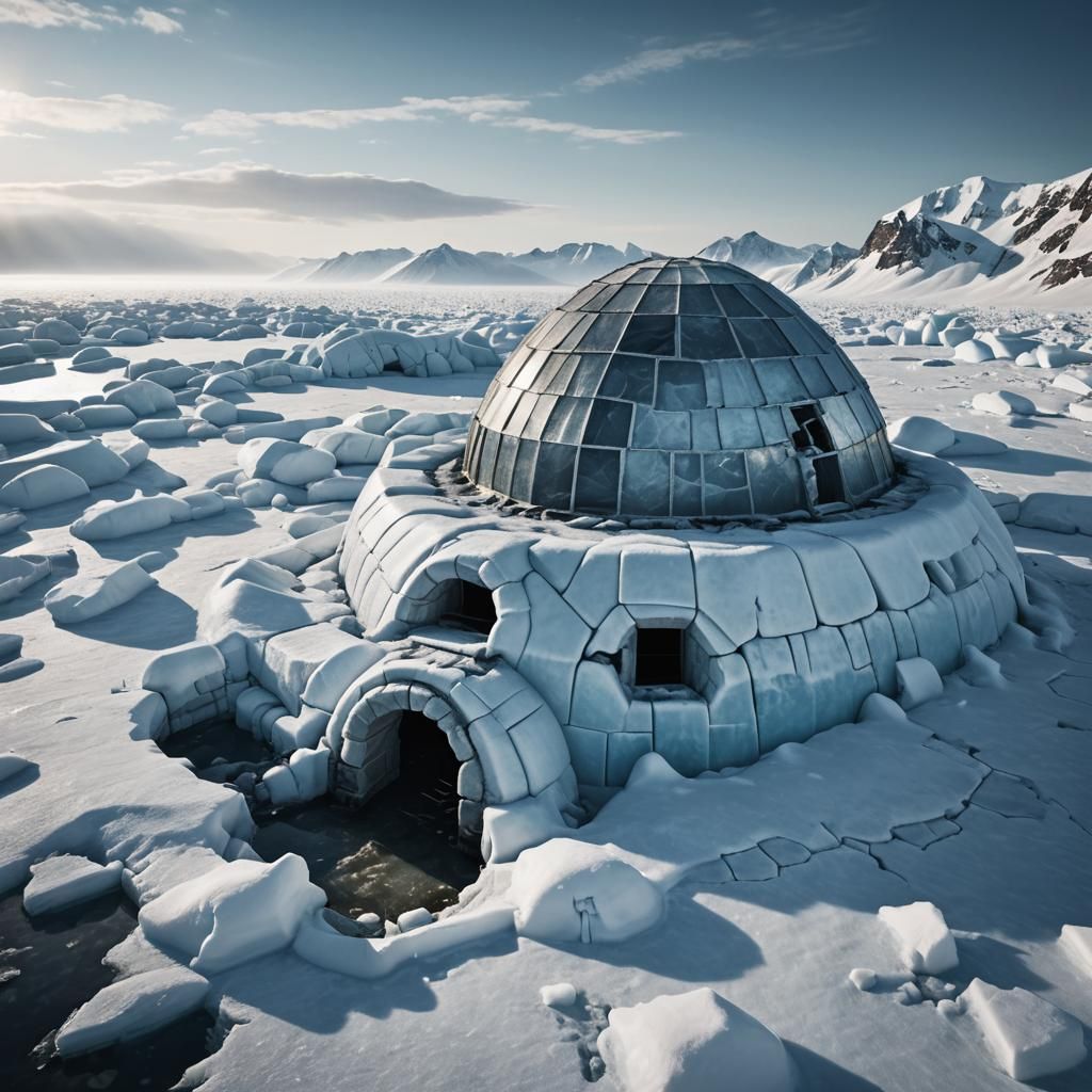 Abandoned Igloo Melts on Frozen Landscape