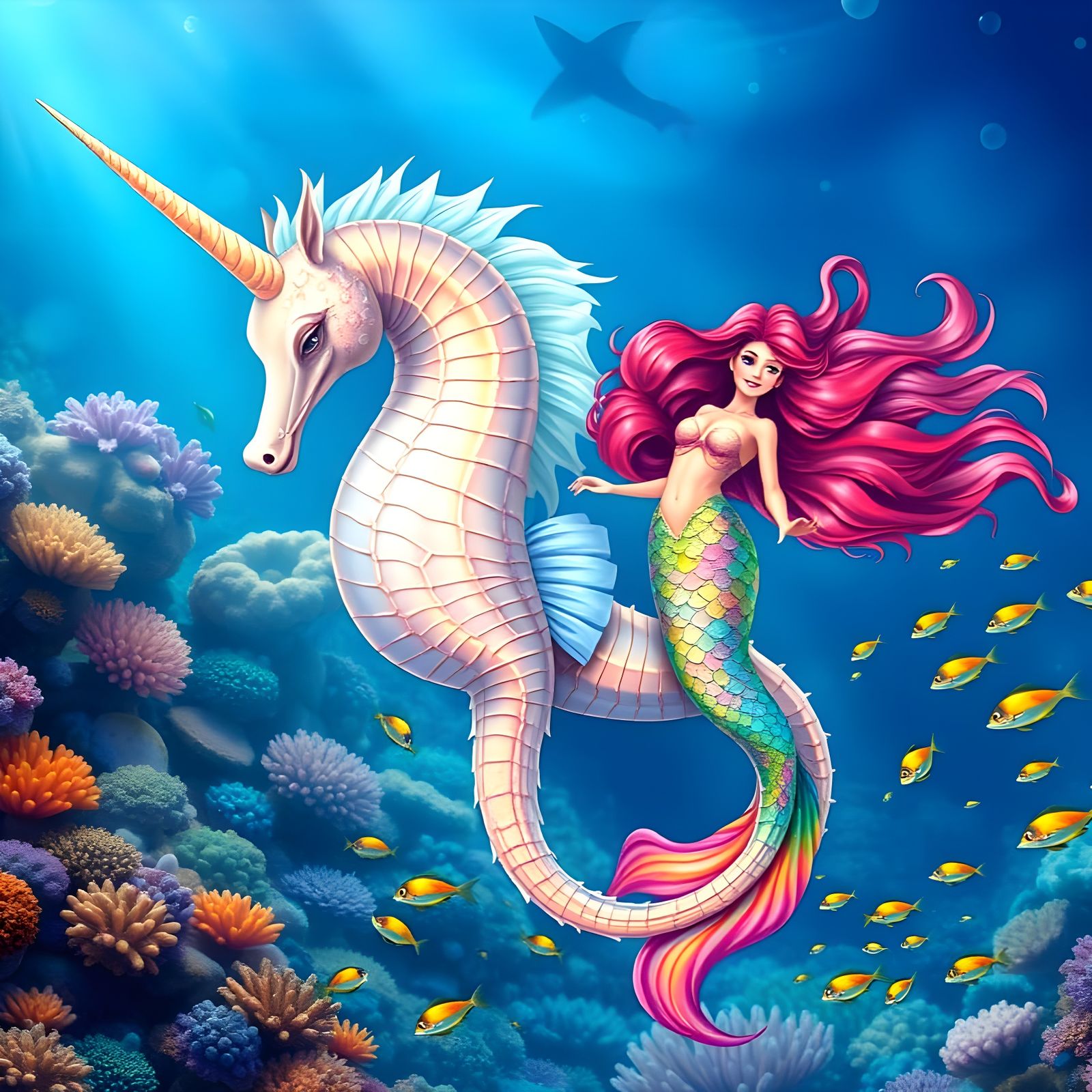 Mermaid and Unicorn Seahorse Swim Amidst Vibrant Coral Reef