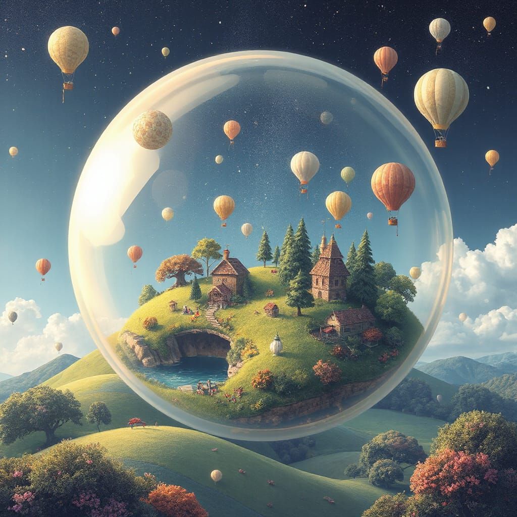 Fantasy Landscape in Translucent Bubble, Dreamy Illustration