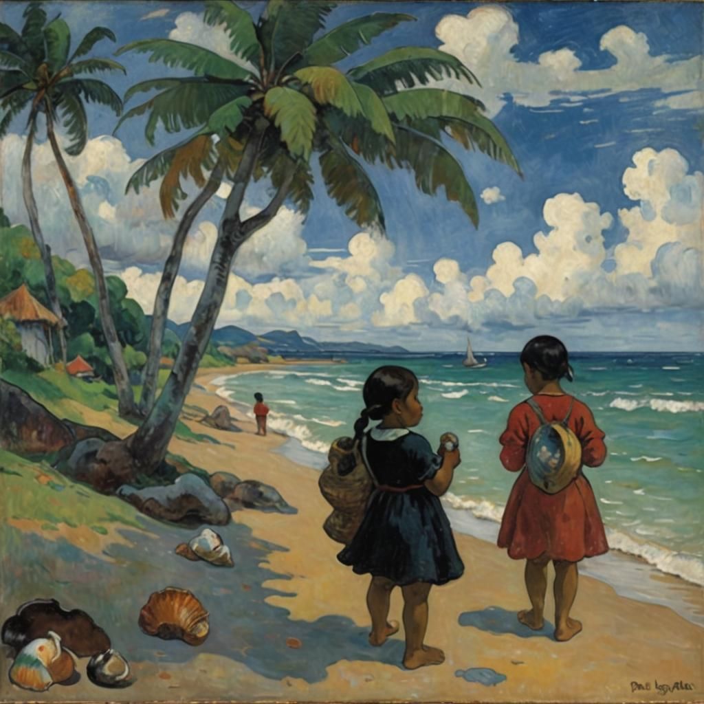 Seascape of Children Collecting Seashells in Gauguin Style