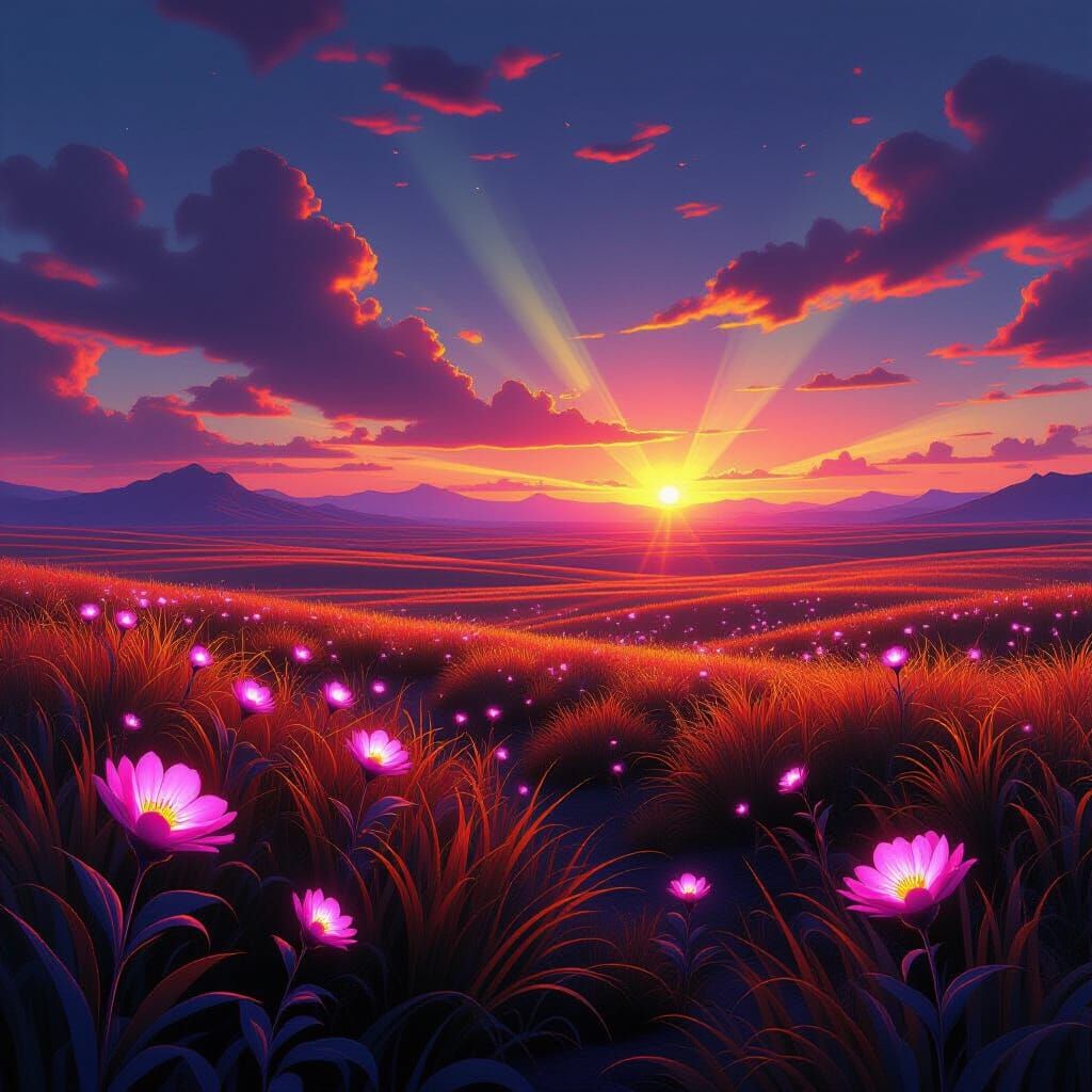 Alien Plains Aglow with Neon Grass and Bioluminescent Flower...