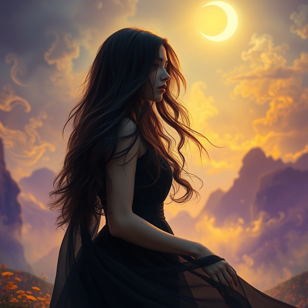 A Woman in Dreamlike Moonlit Landscape