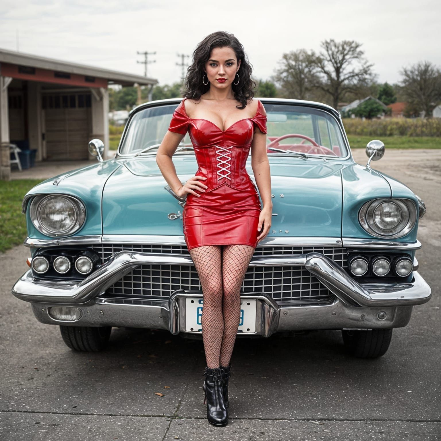 Pin-Up Model on Cadillac in Classic Style
