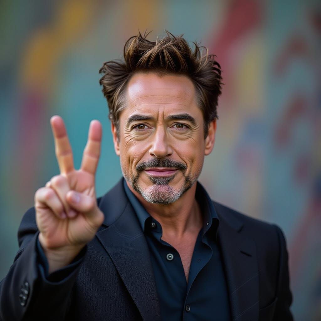 Robert Downey Jr. Making Peace Sign in Dramatic Style