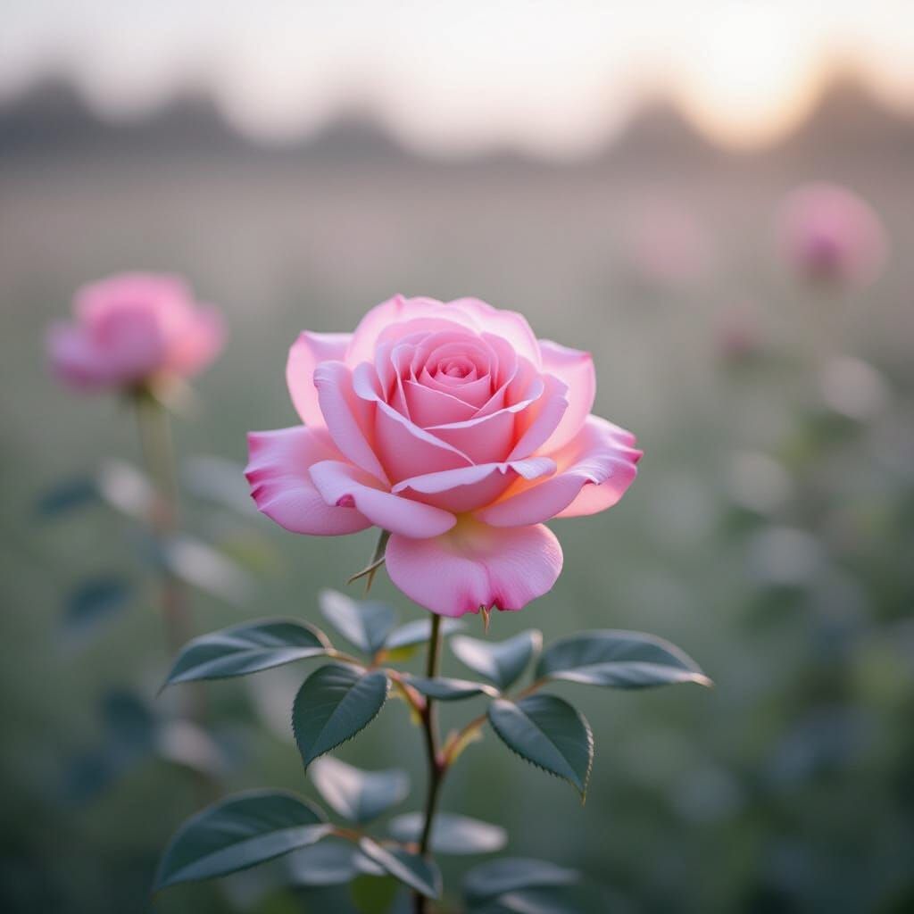 Pink Rose Blooms in Monochrome Field