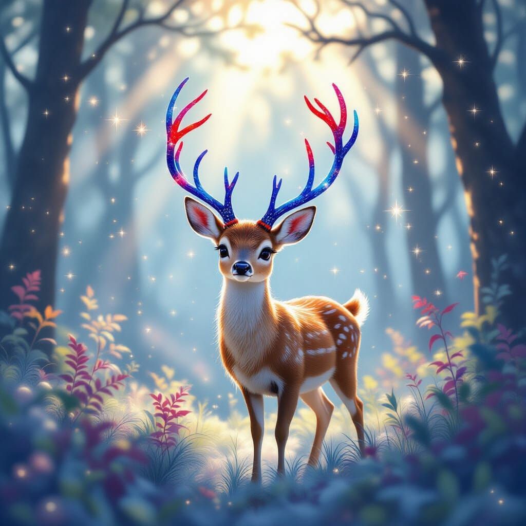 Magical Deer with Flame Antlers in Fairy Forest