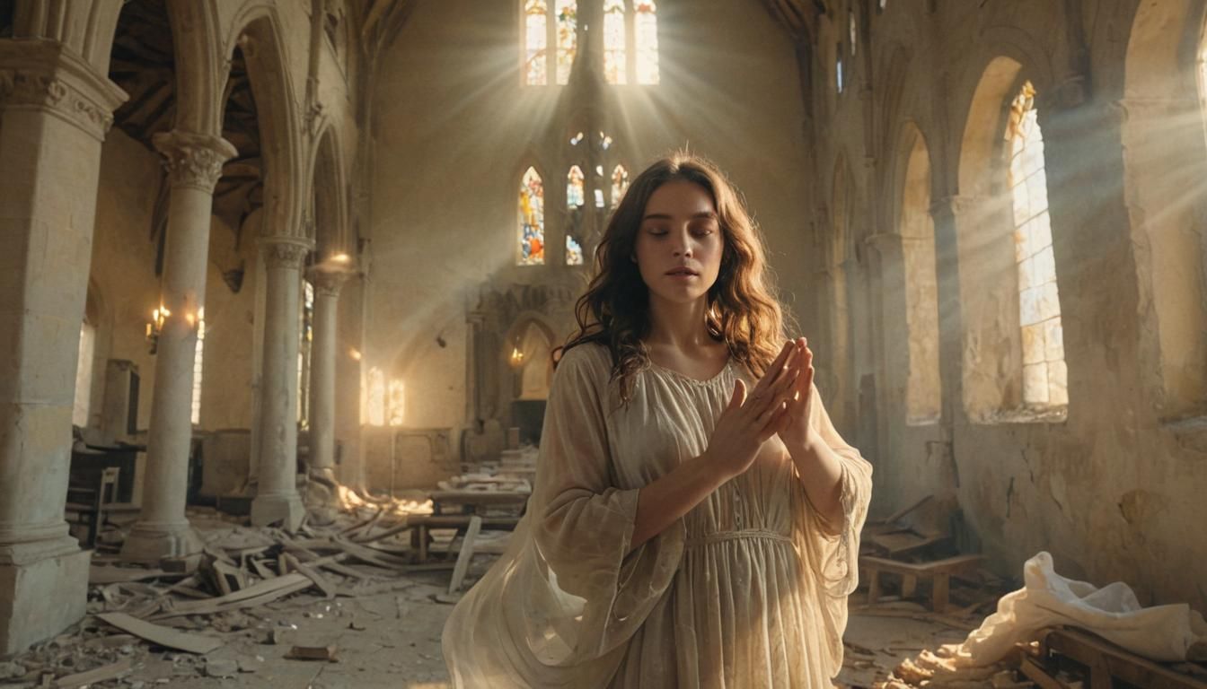 Mystical Figure in Abandoned Church: Sfumato Dreamscape