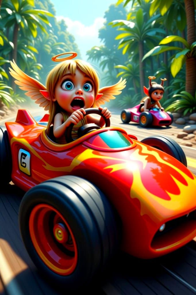 Terrified Angel in Bumpercar Chase Through Jungle