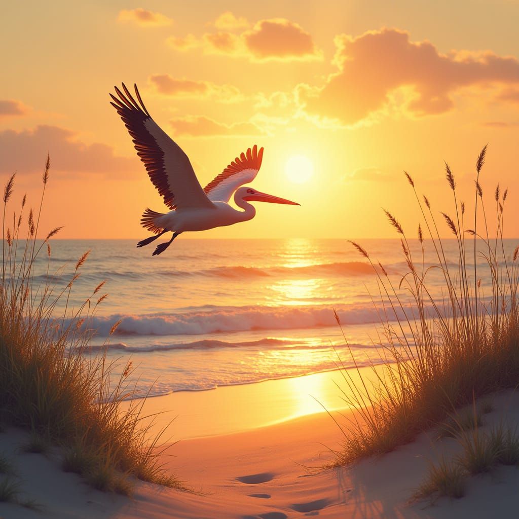 Pelican Flight at Sunset: Dreamy Digital Landscape
