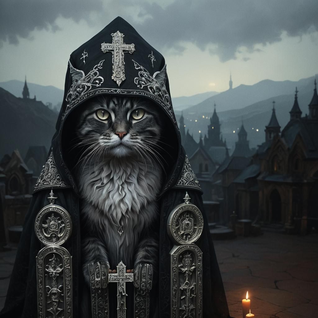 Orthodox Monk Cat Praying in Gothic Chapel