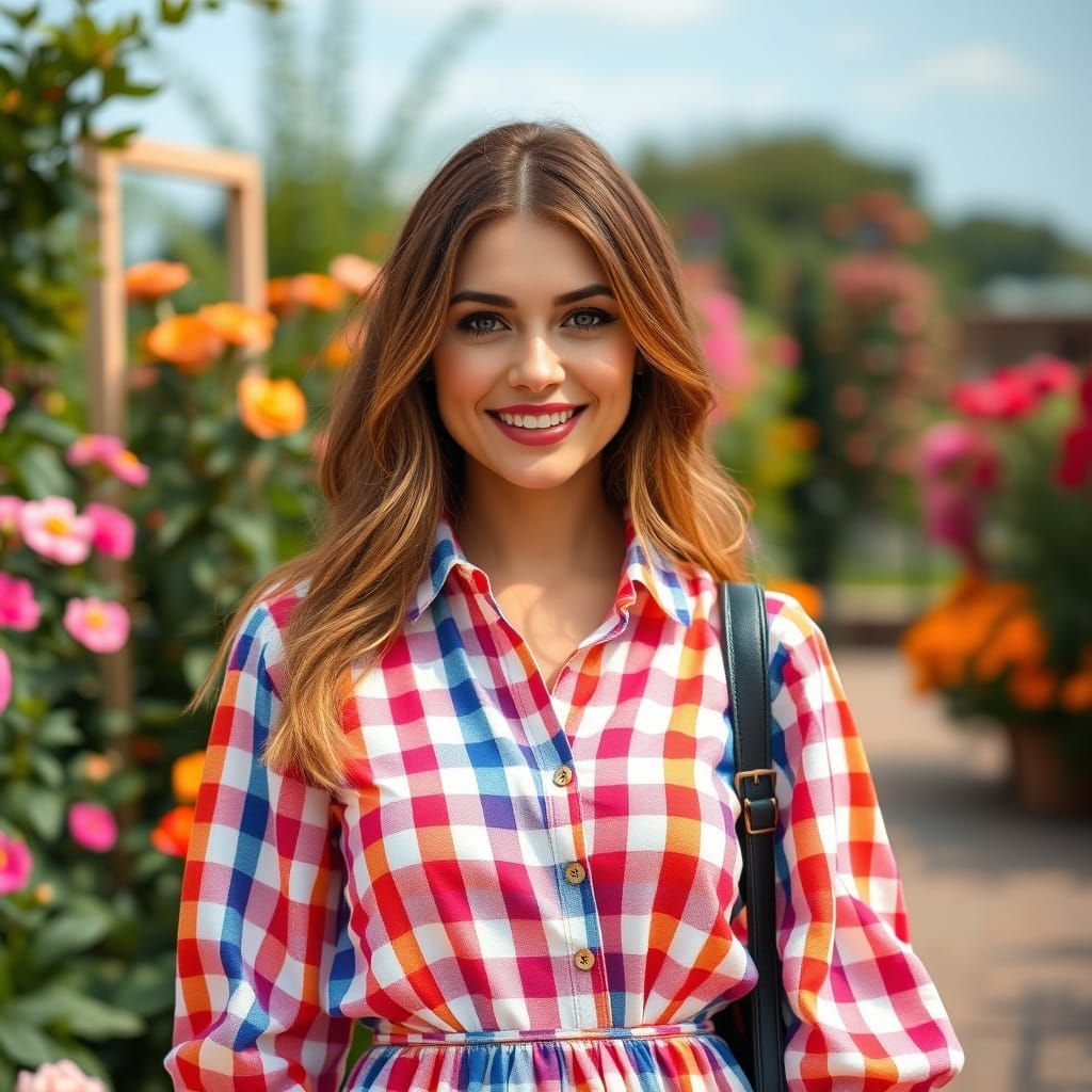 Glamorous Women Stroll in a Vibrant Gingham Garden