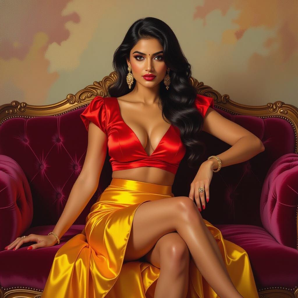 Elegant Indian Woman in Yellow Miniskirt on Velvet Sofa