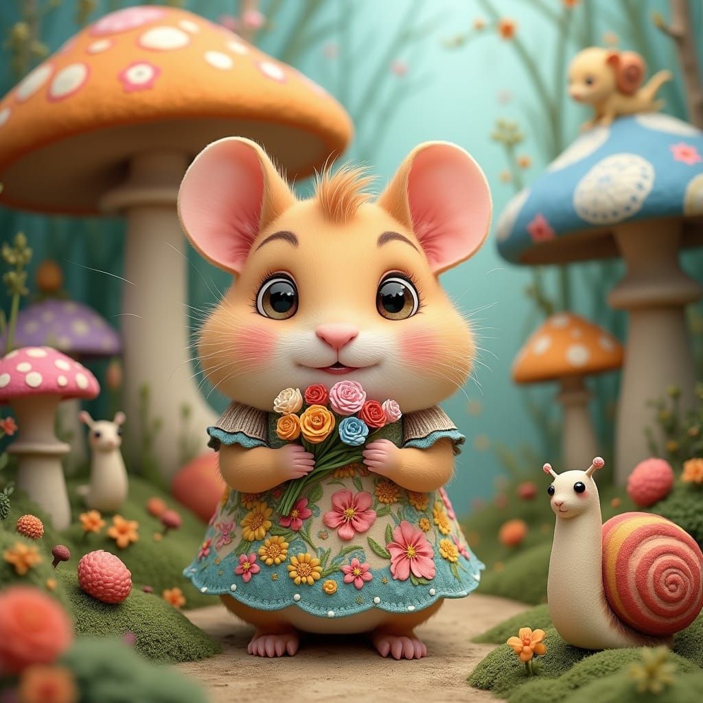 Hamster in Whimsical Garden, Inspired by Beatrix Potter