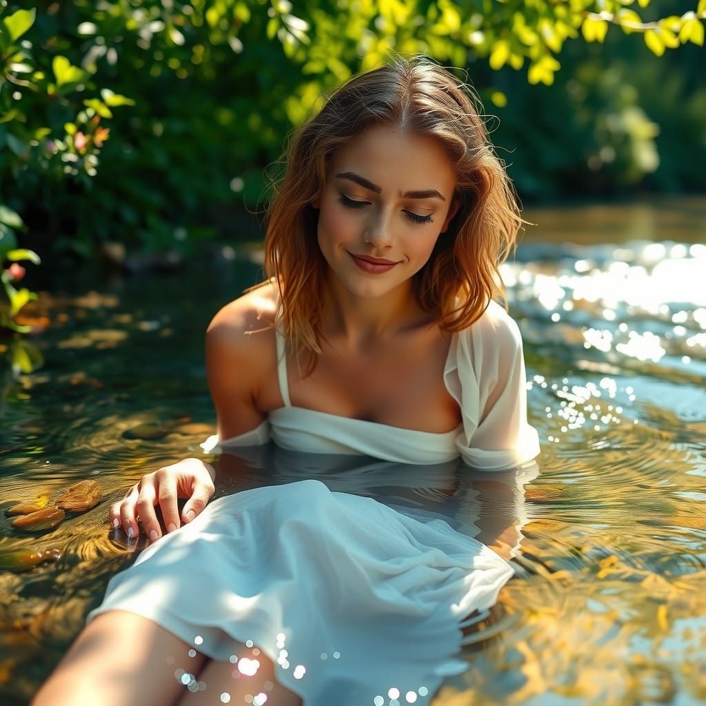 Serene Woman in Stream Landscape