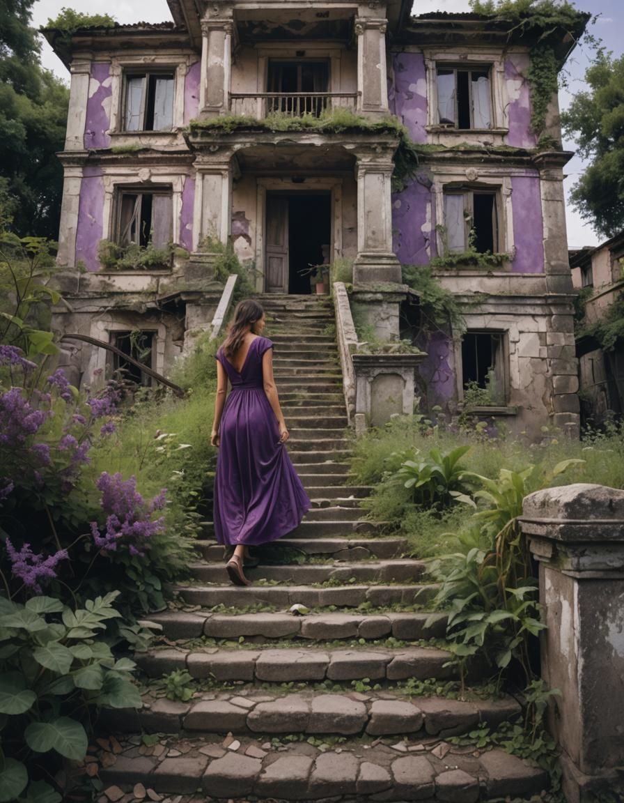 Abandoned House with Woman in Purple Dress