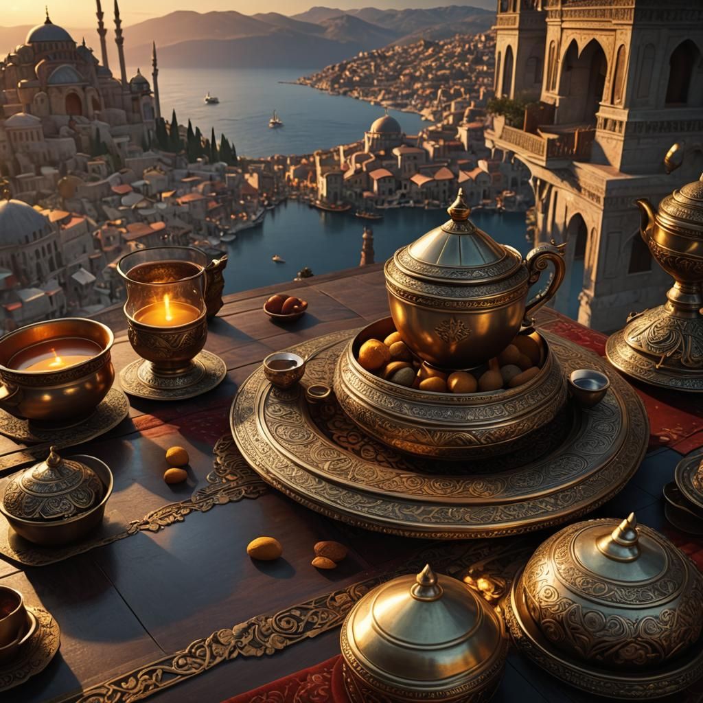 Intricate Ottoman Coffee Set at Sunrise