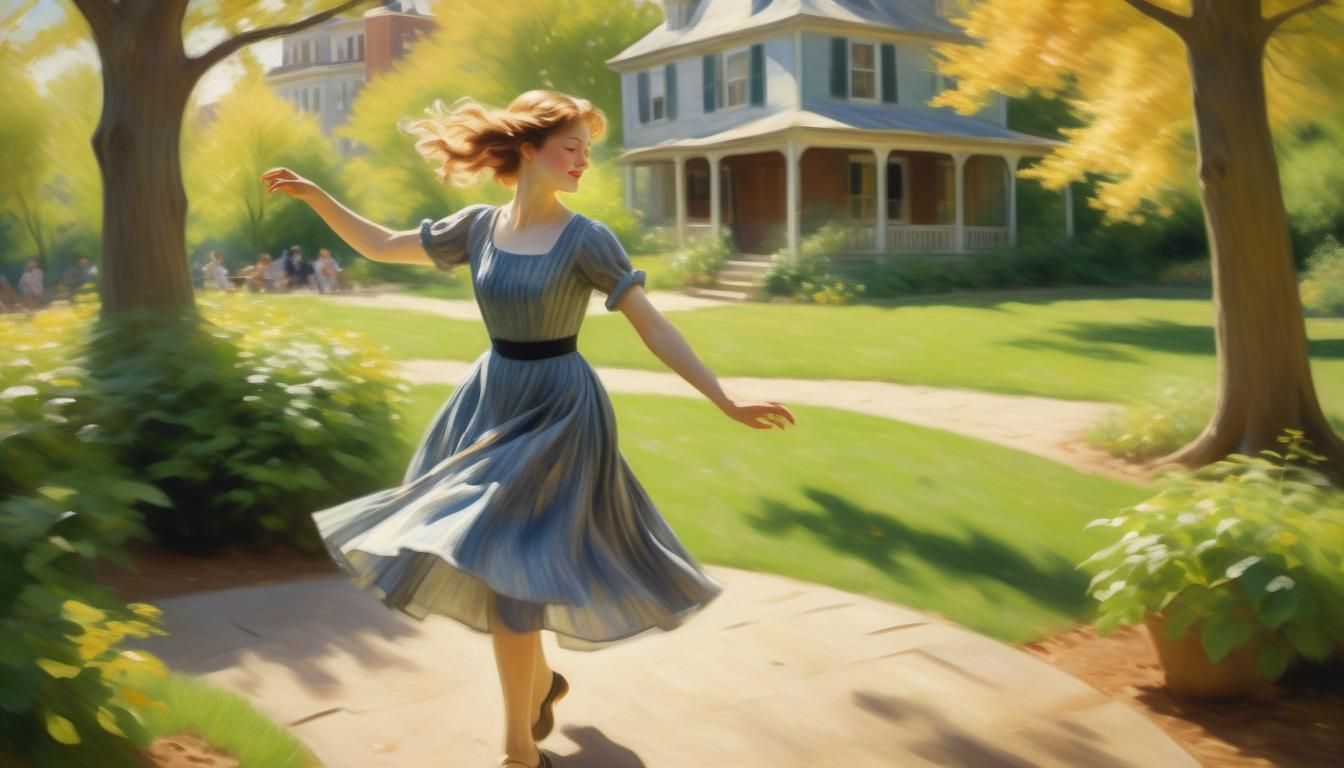 Woman Dancing in Backyard in Impressionist Style