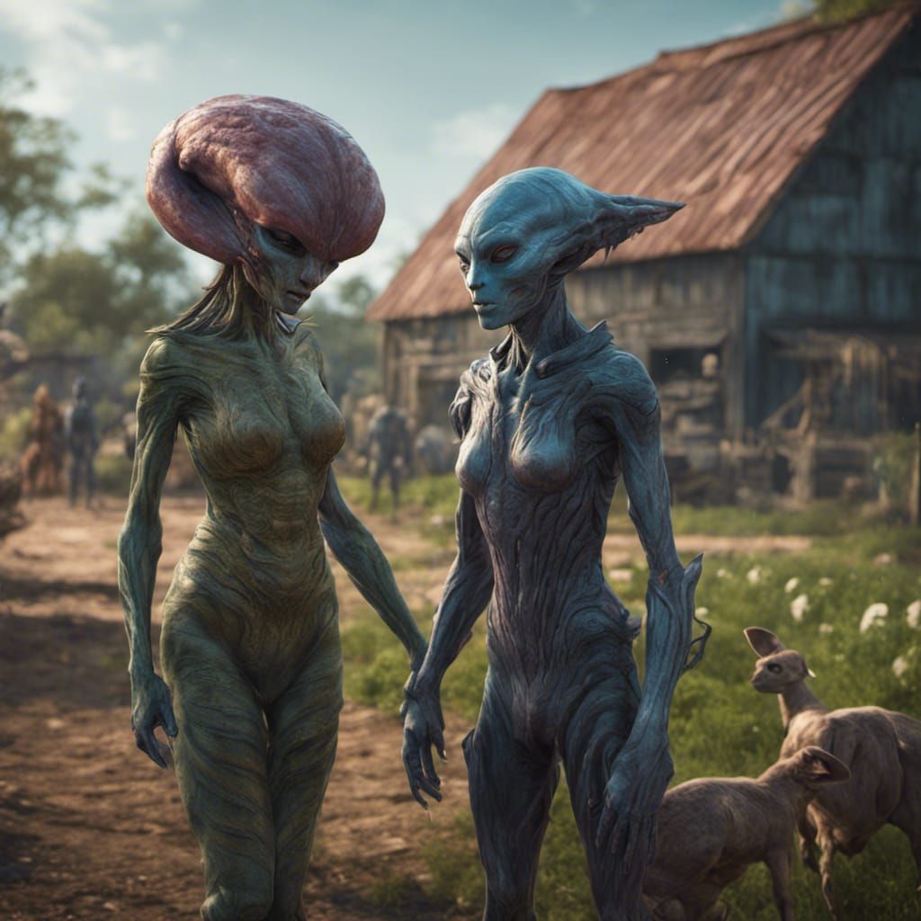 Alien and Human on Farm, Detailed Matte Painting