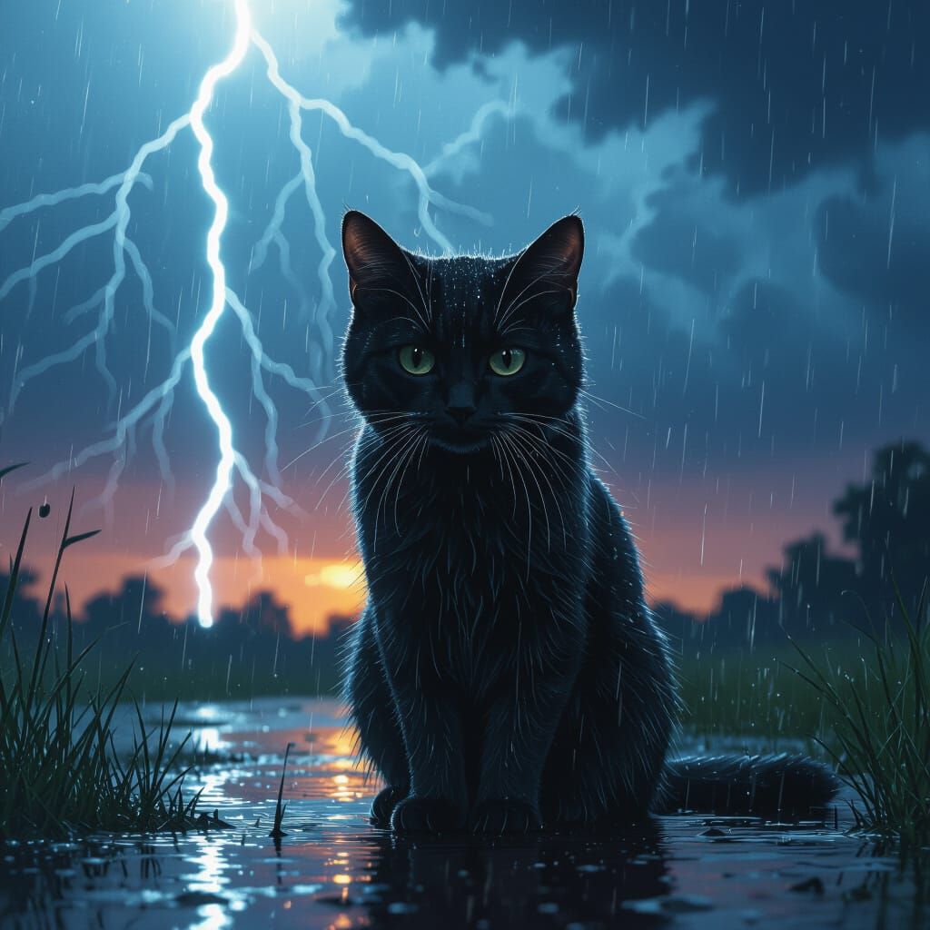 Cat in Stormy Night: Cinematic Digital Art