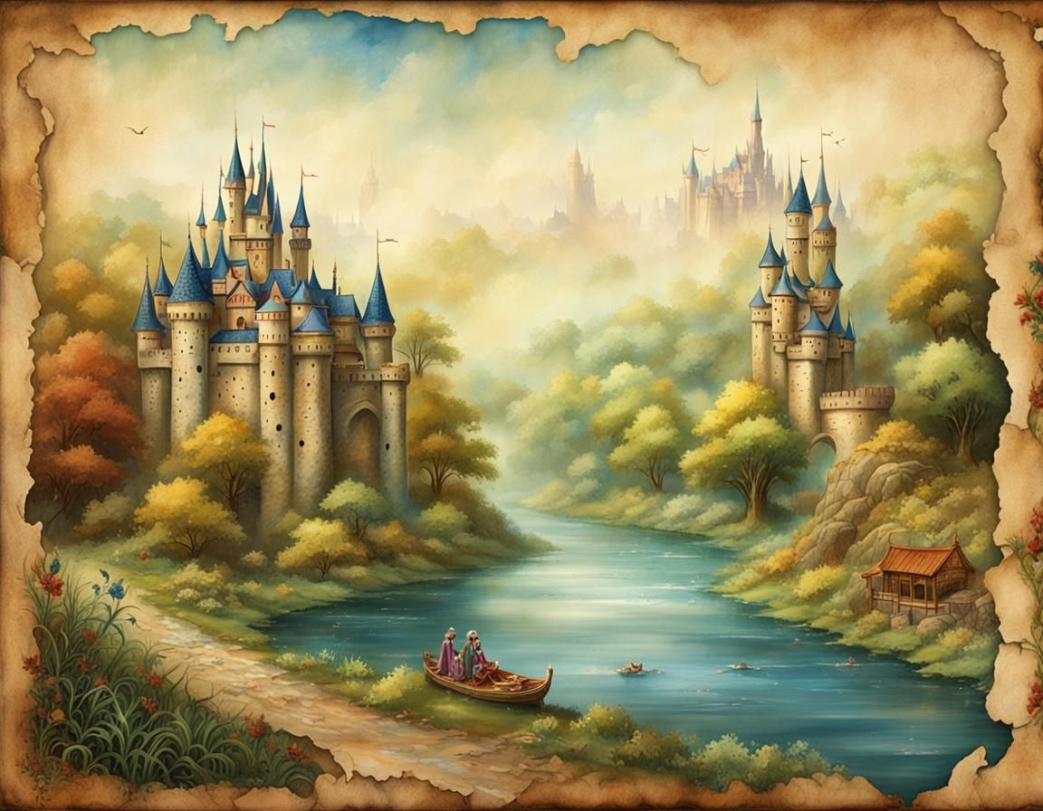Fairytale Castle River Scene on Parchment