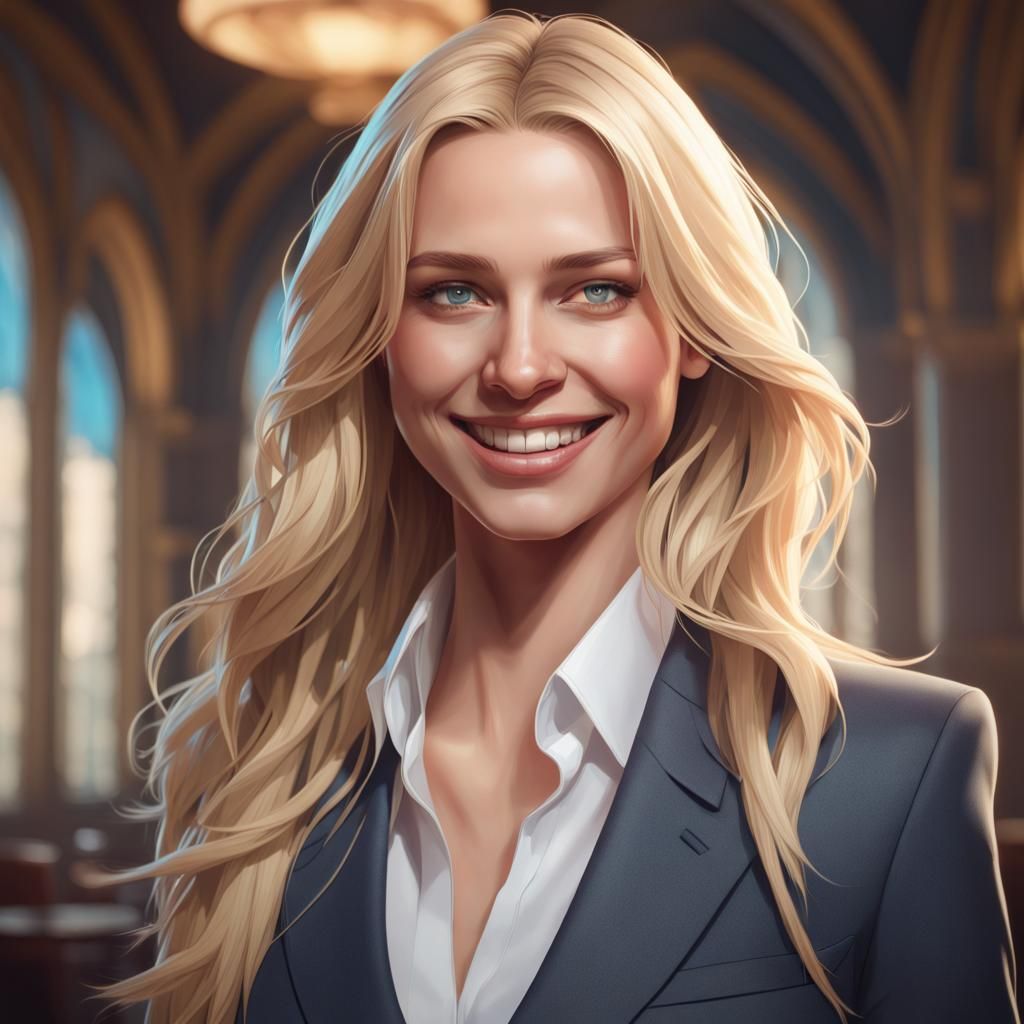 Woman in Suit Smiling: Hyperdetailed Portrait