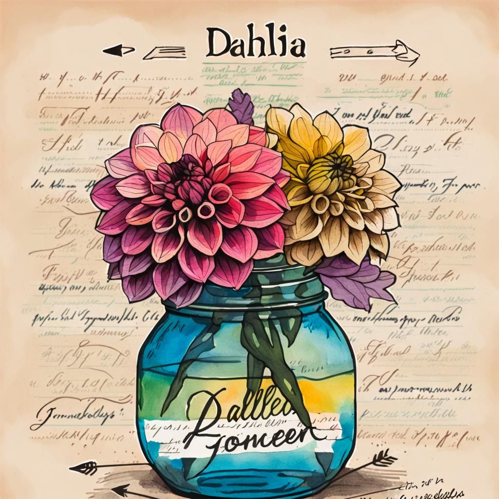 Colorful Dahlia Illustration with Scientific Annotations