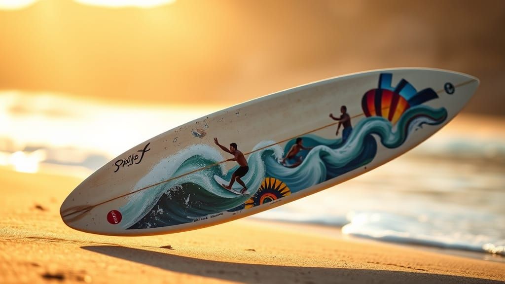 A horizontal surfboard decorated with scenes of men and women surfing