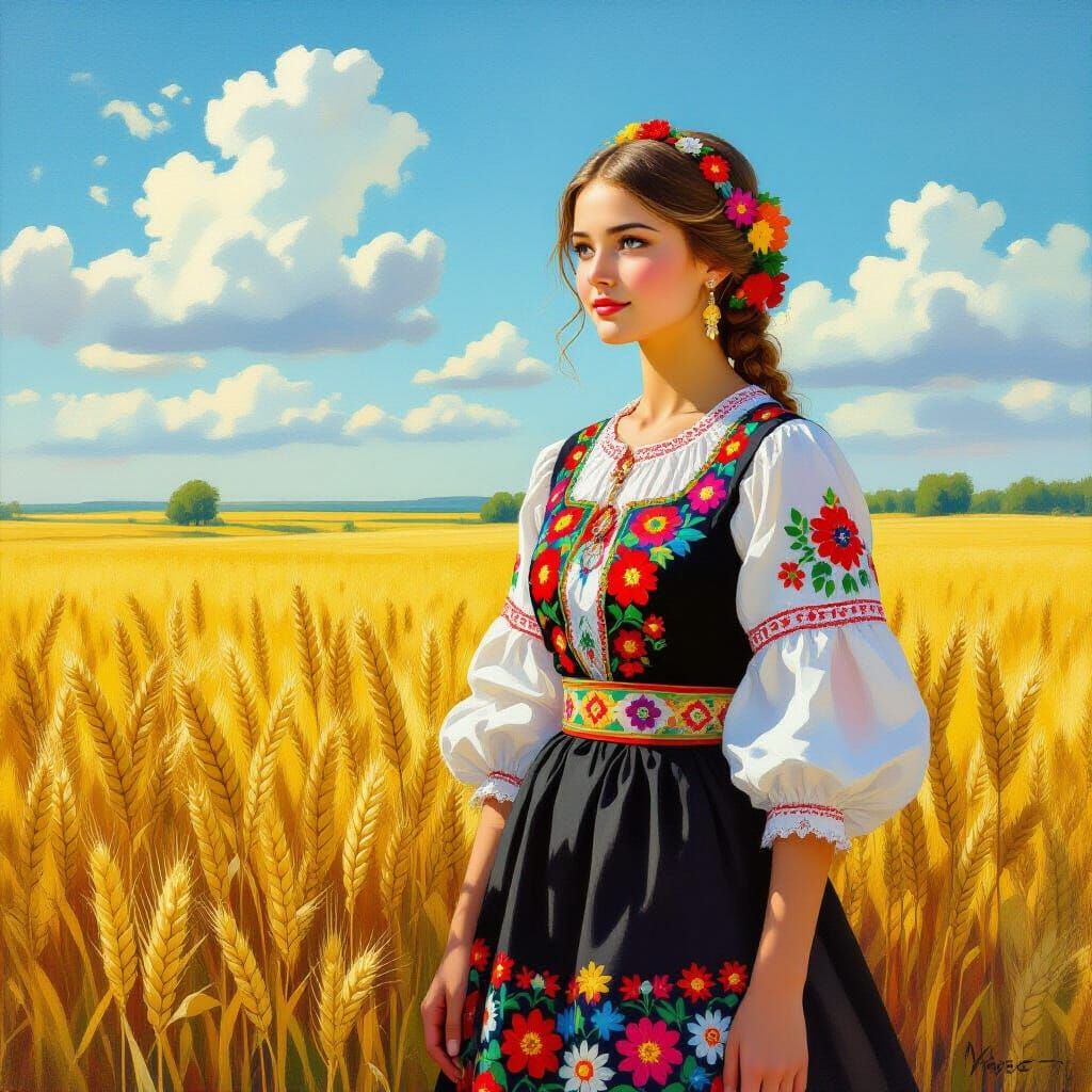 Ukrainian Girl in Traditional Costume in Golden Field