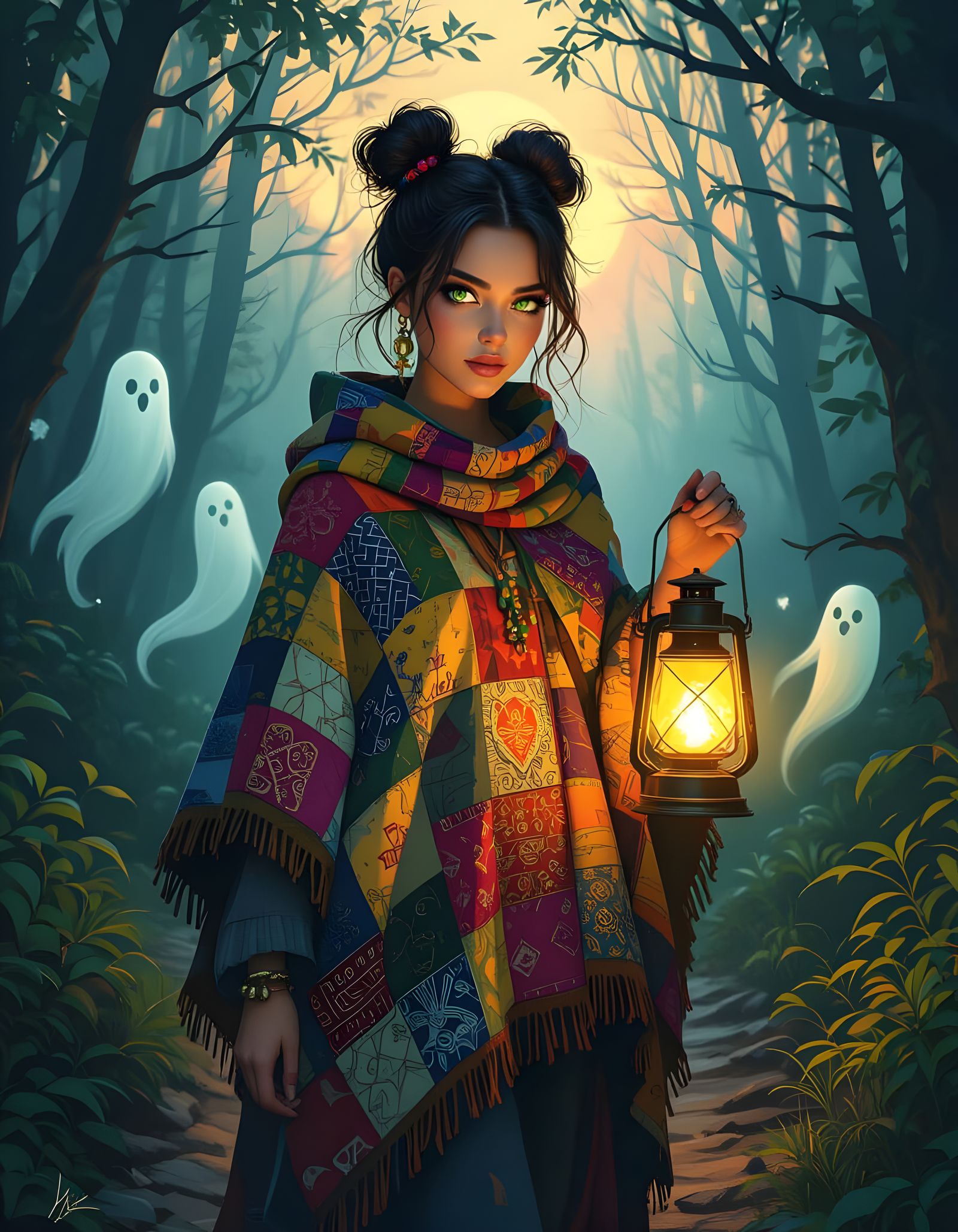 Woman with Glowing Lantern in Haunted Woods at Sunset