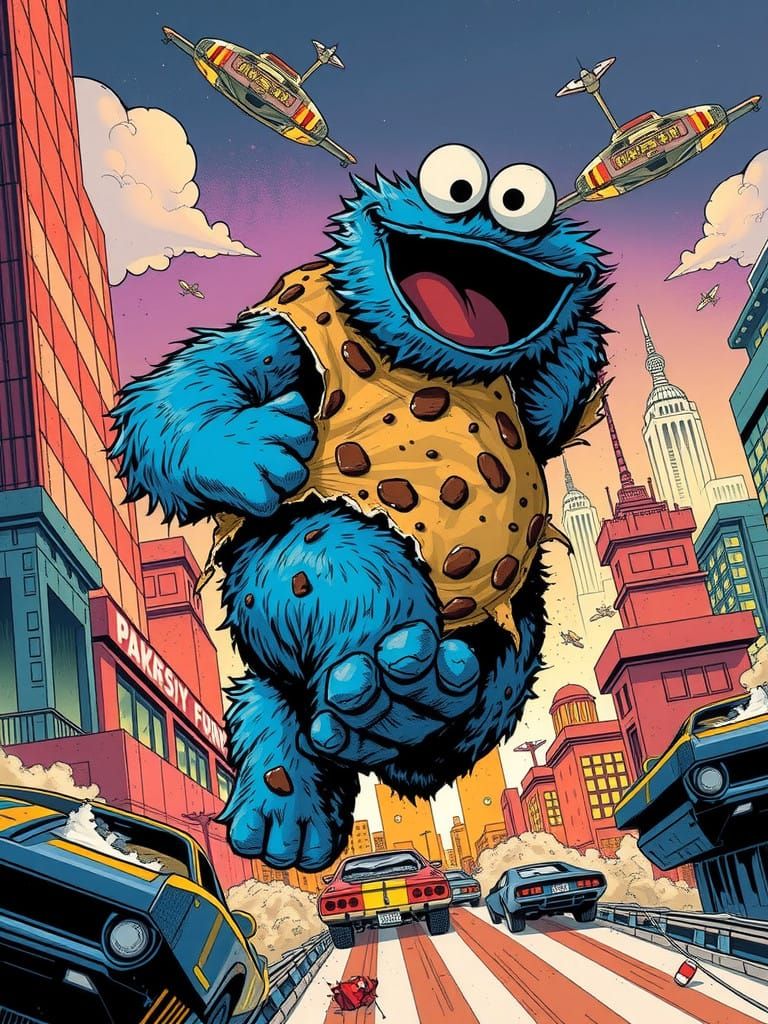 Rampaging Cookie Monster in Retro Sci-Fi Comic Art