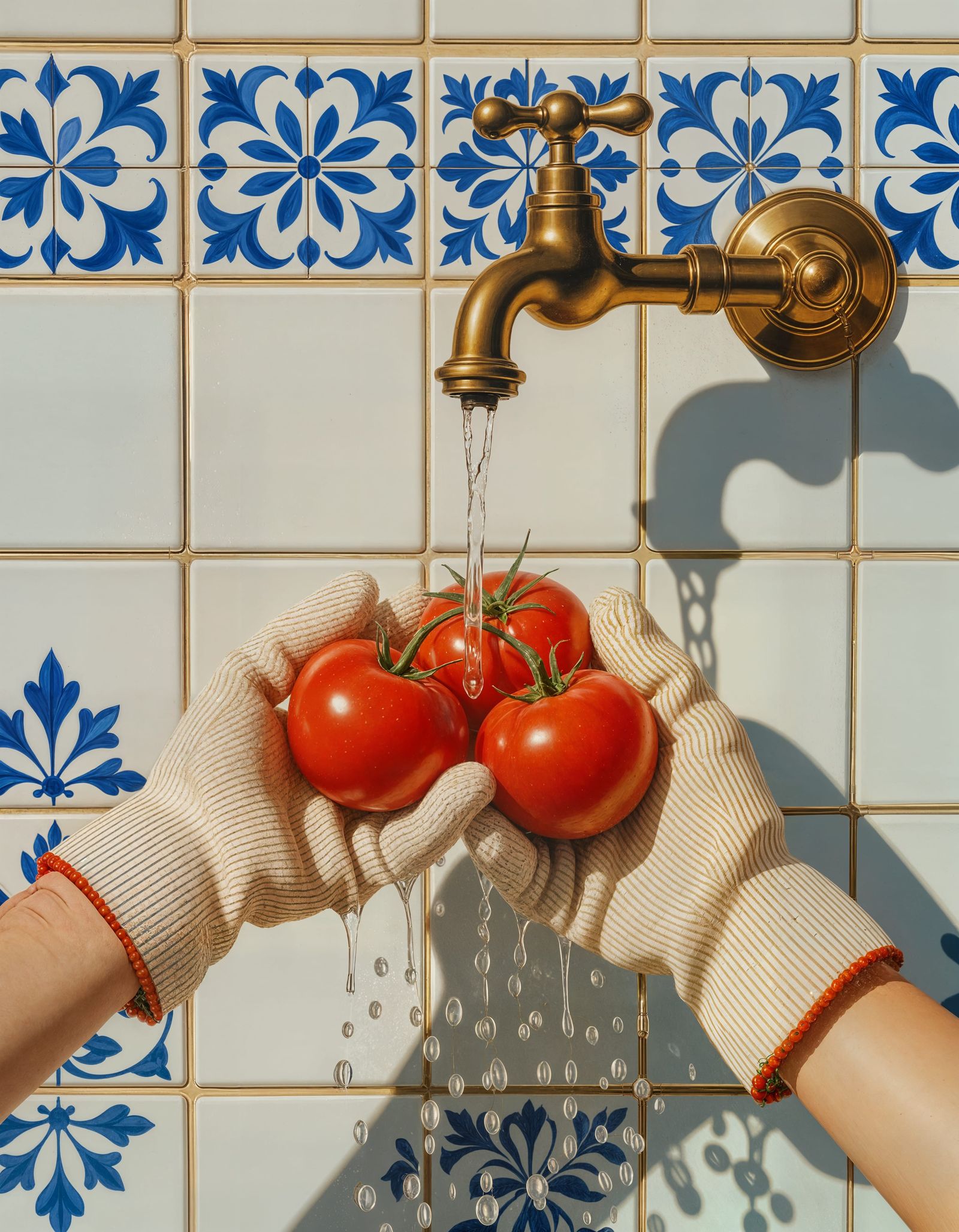 Fresh Tomatoes Under Water Tap in Mediterranean Sunlight