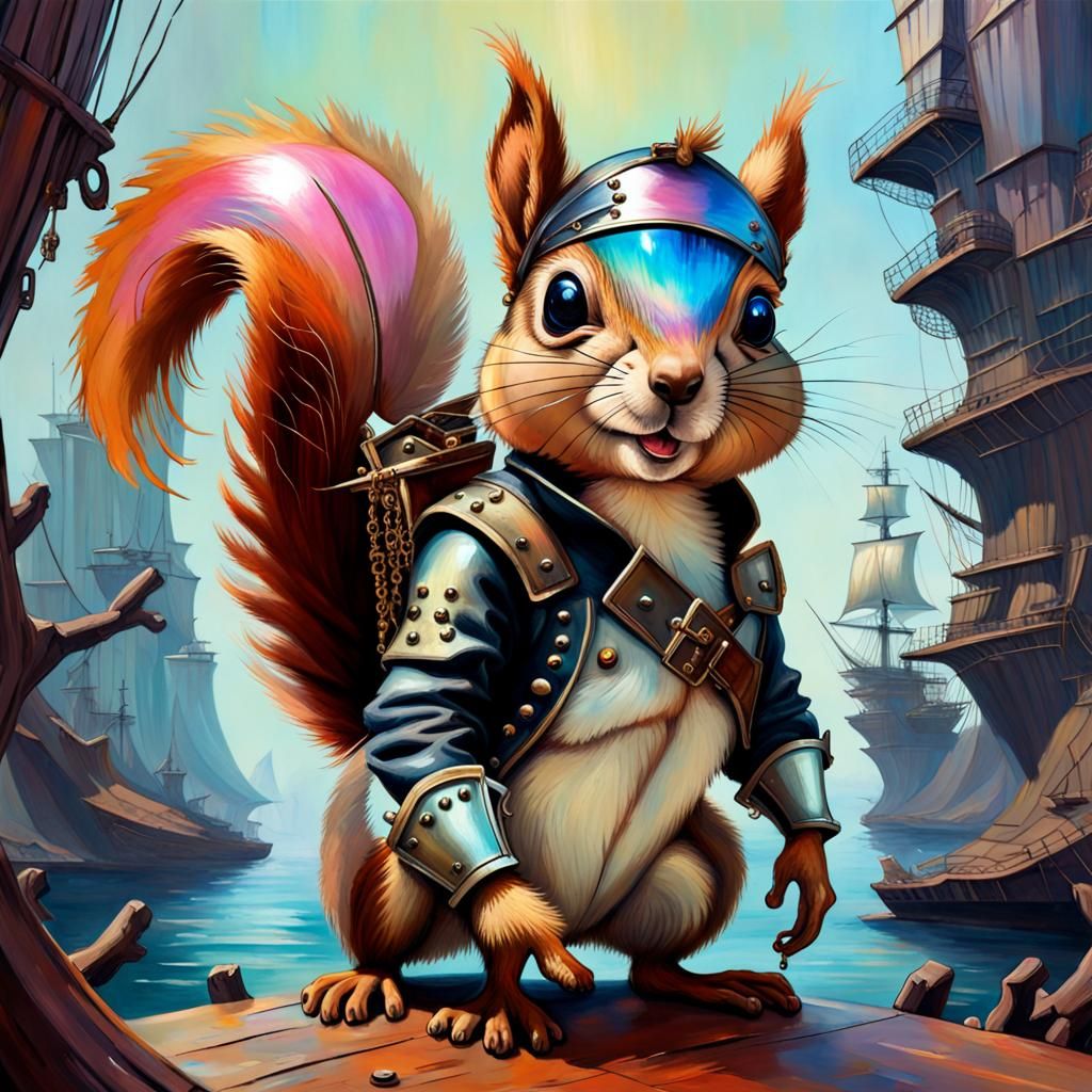 Futuristic Iridescent Squirrel Pirate Painting