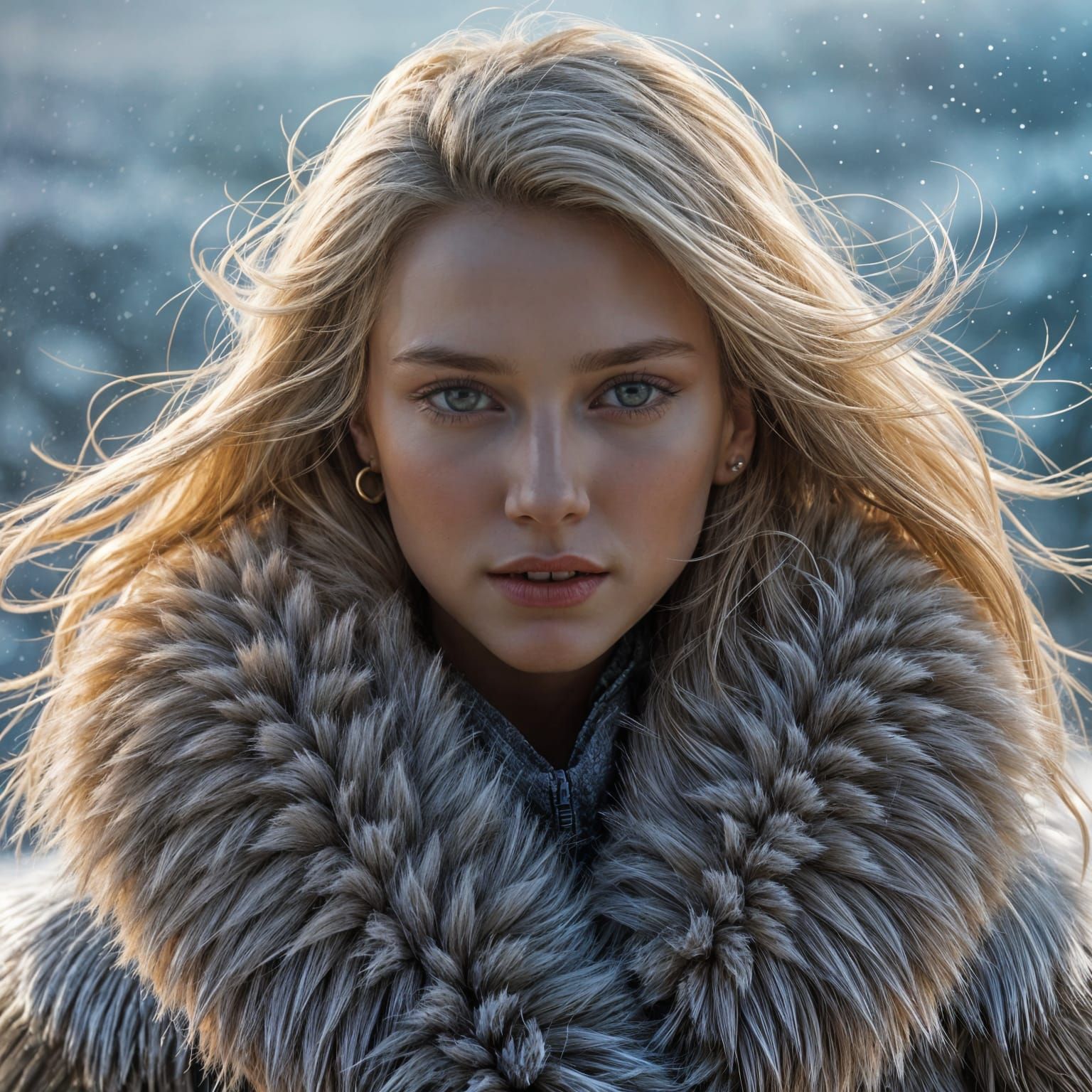 Blonde Woman Portrait on Snowy Mountain