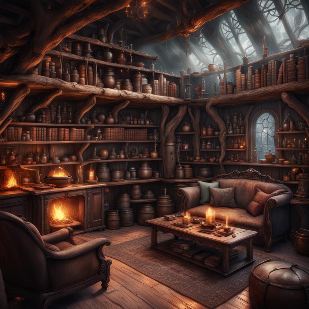 Cozy Witch Hut Interior with Cauldron and Potions