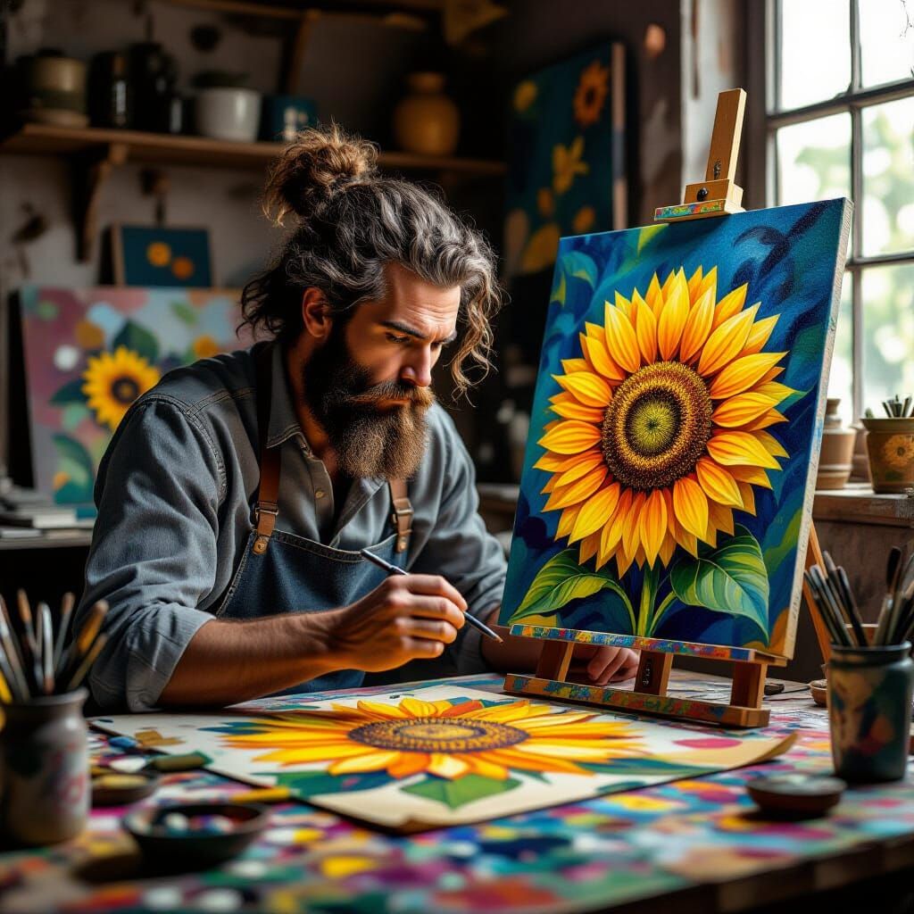 A painter in a rustic studio works meticulously on depicting...