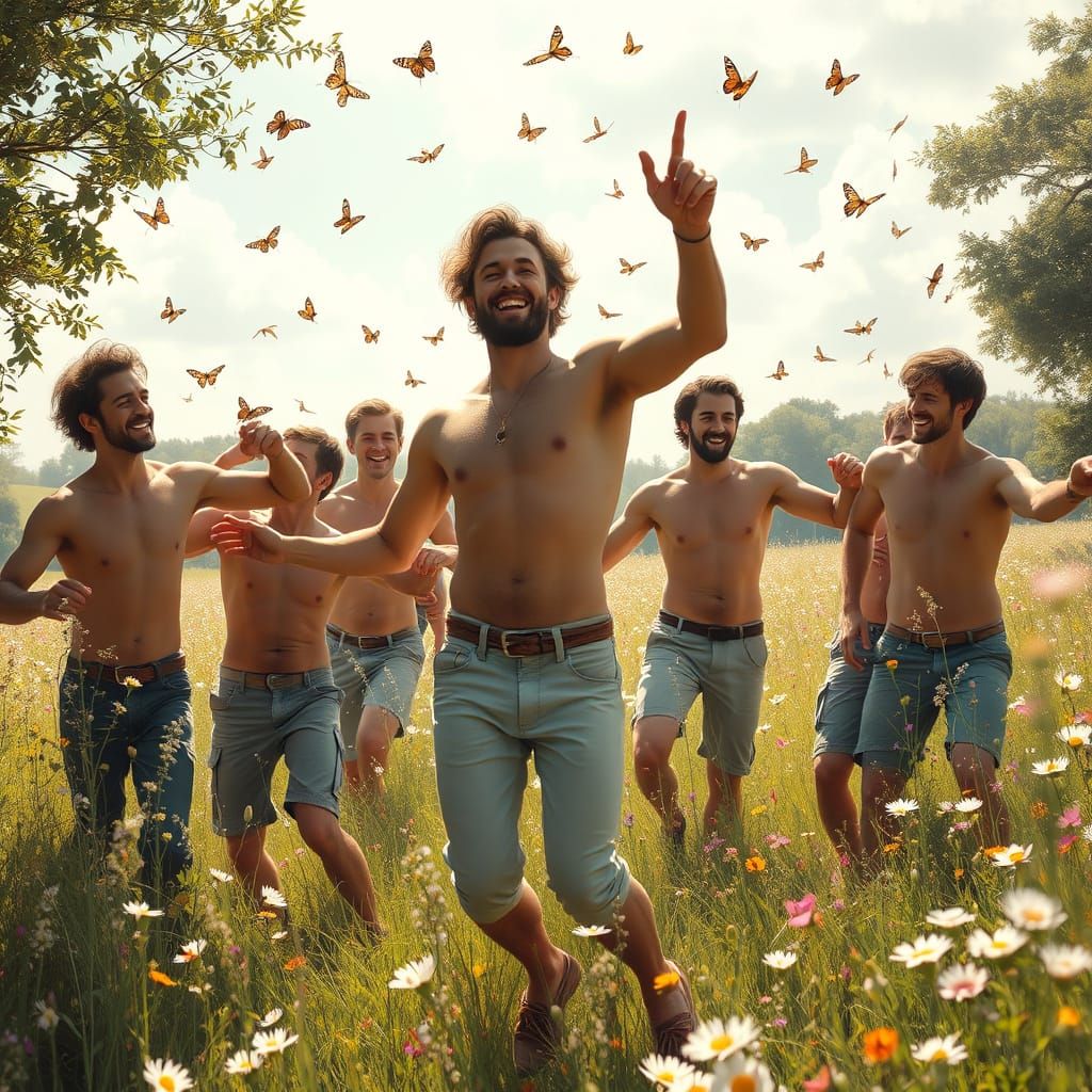 Men Dancing in Wildflower Meadow, in Luminous Style