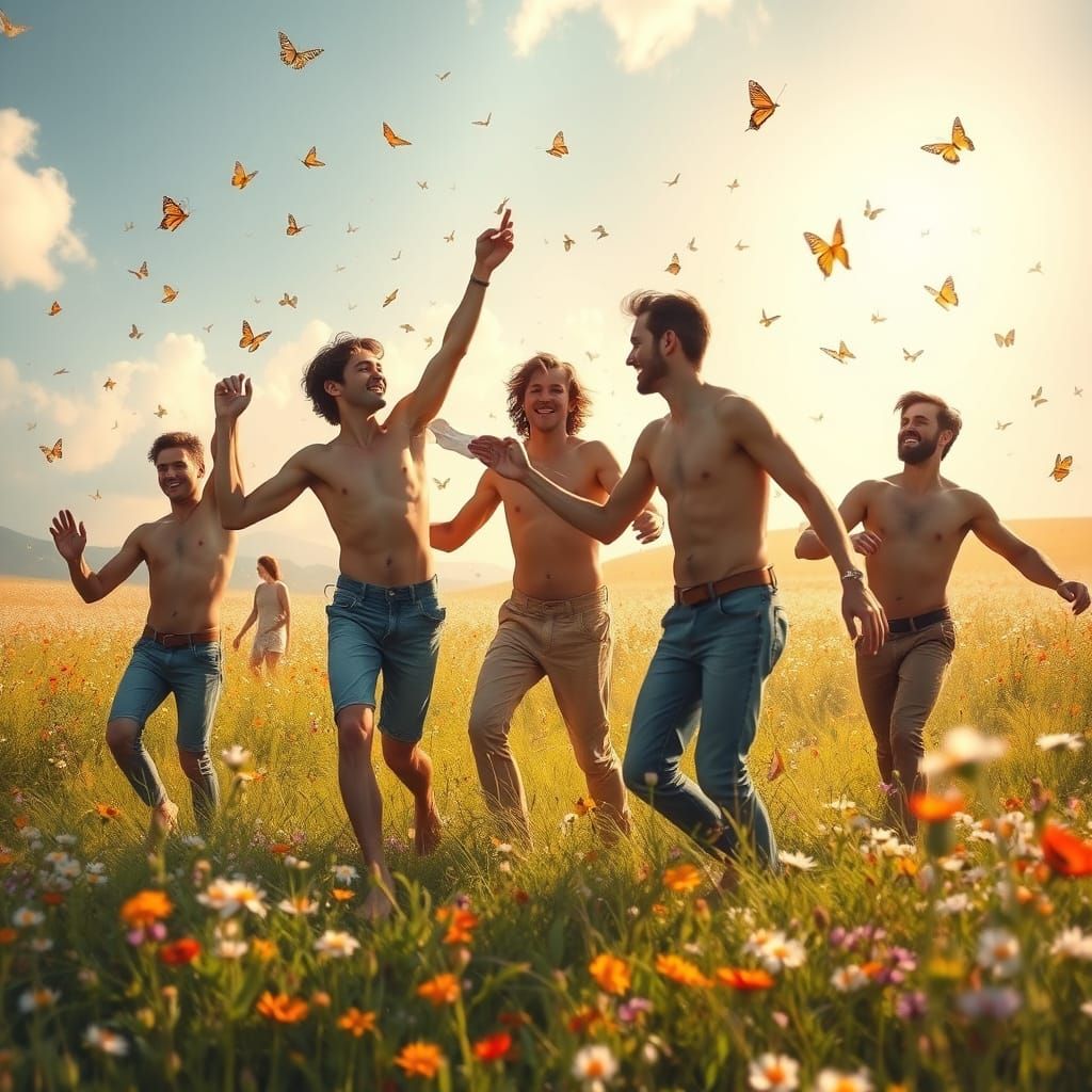 Shirtless Men Dancing in Sunny Meadow, Kinkade Style