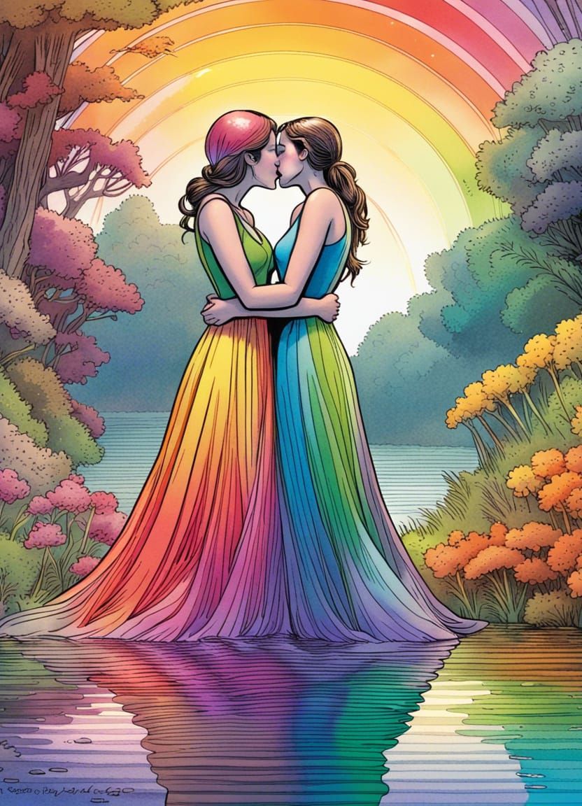 Lesbian Couple Kissing in Rainbow Comic Art