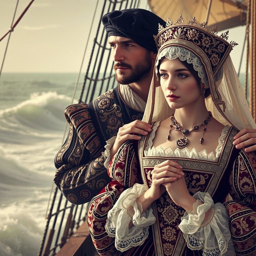 Medieval Noblewoman Amidst a Serene yet Turbulent Ocean