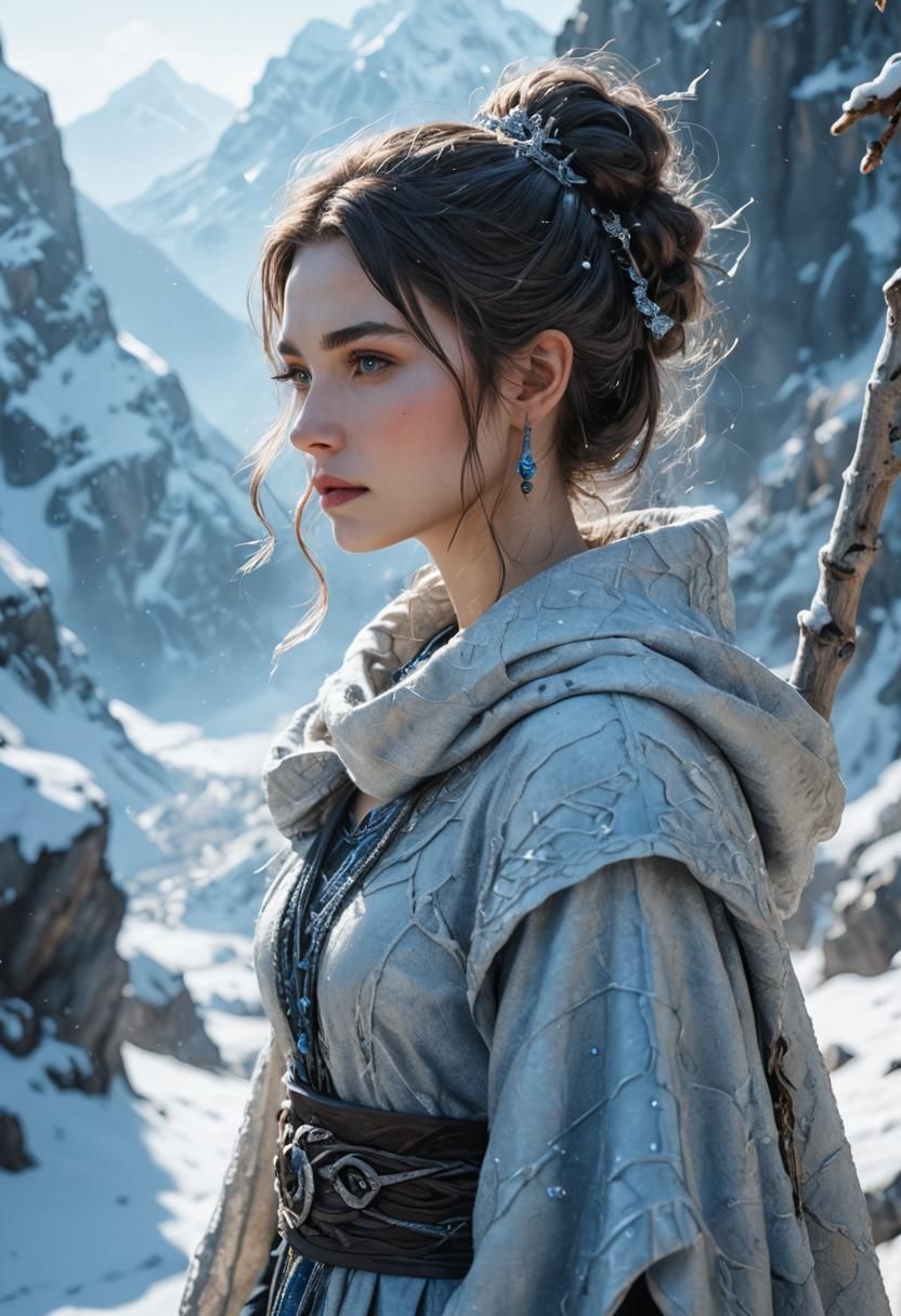 Mysterious Lady in Winter Mountain Decor