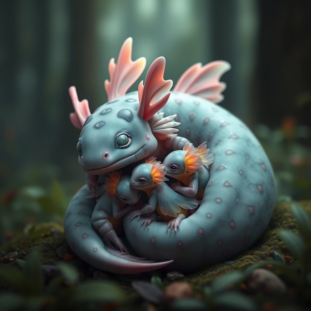 Whimsical Axolotl Family in Mystical Forest