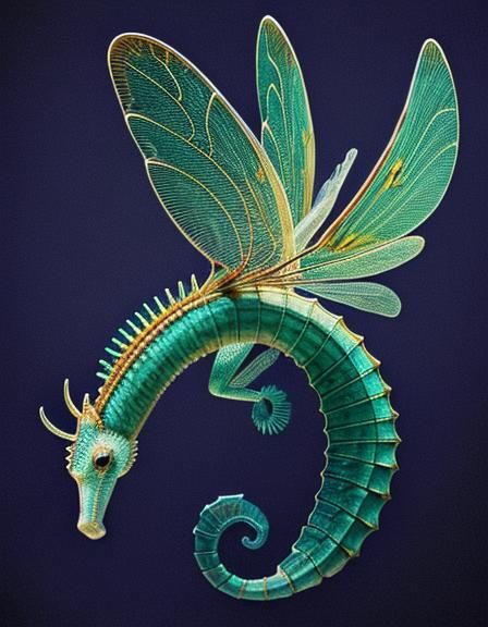 image of (full body: 1) of (seahorse with huge gossamer drag...