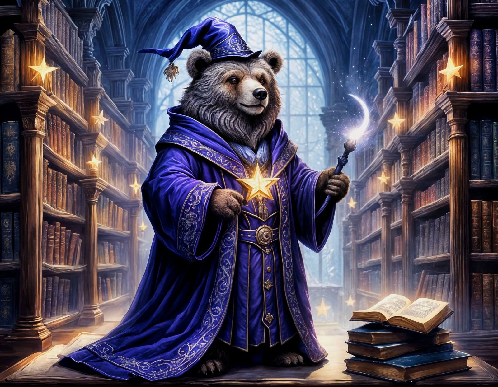 Teddy Bear Wizard in Magical Library