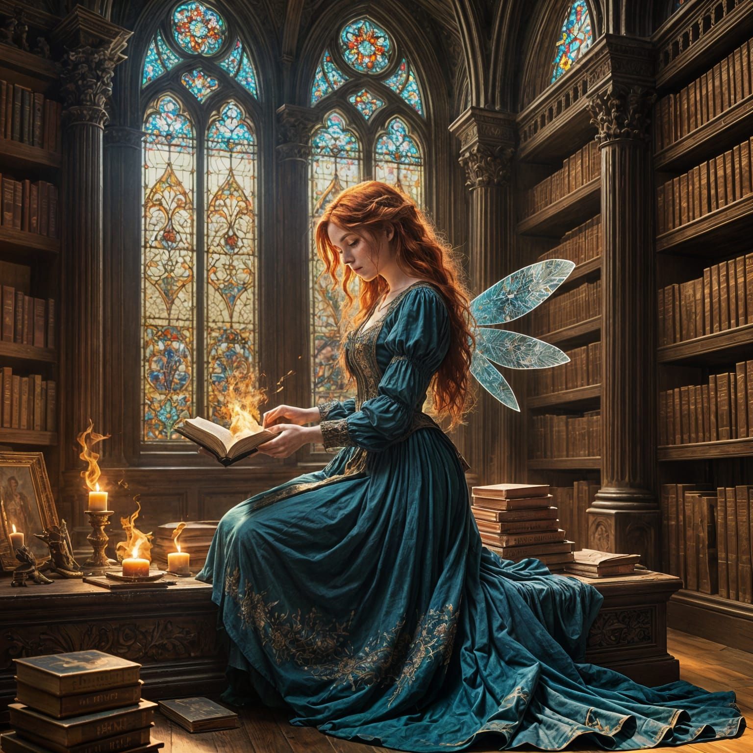 Gothic Beauty Embracing Radiant Light in a Majestic Library