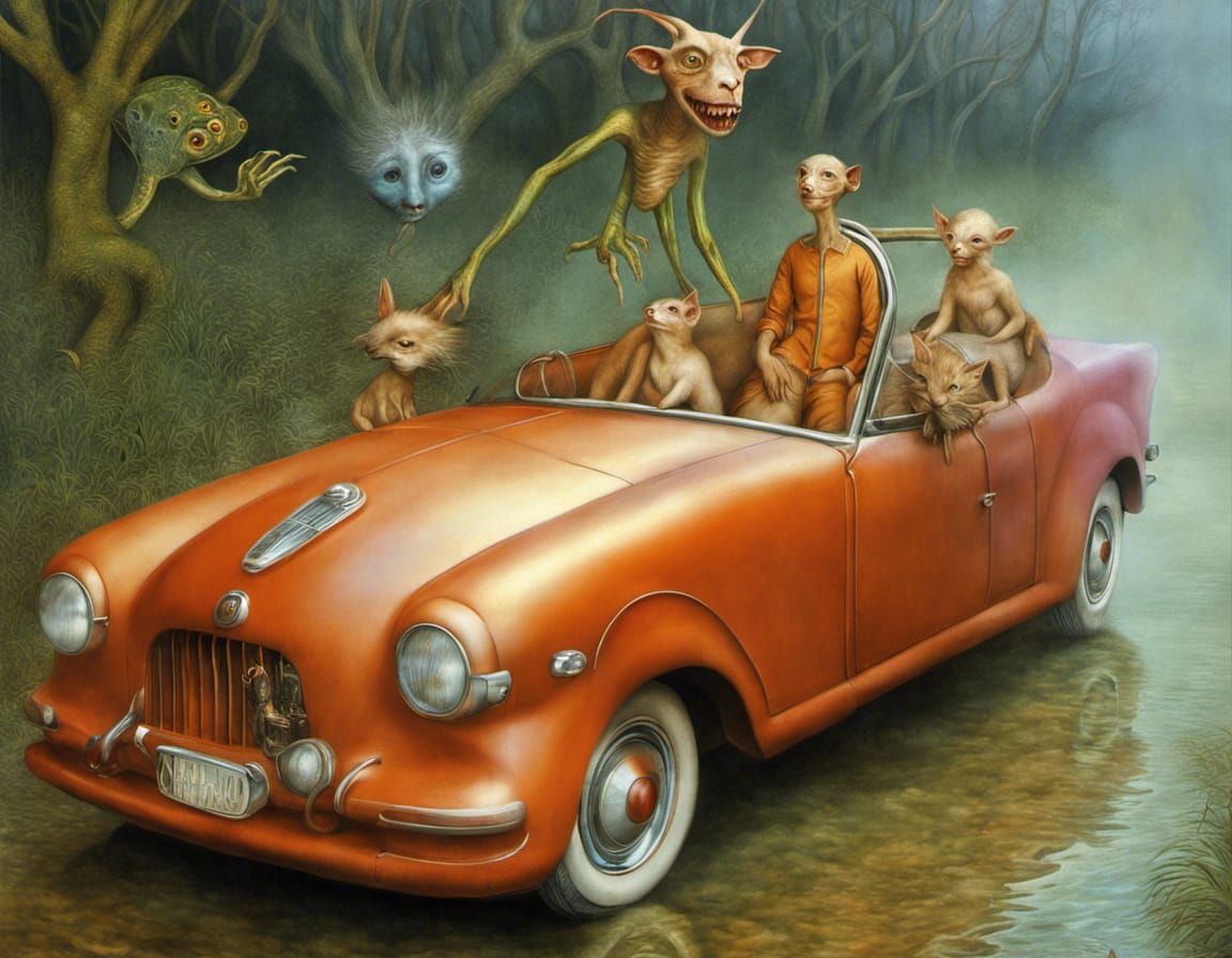 Smiling Aliens Drive Exquisite Car in Dreamlike Magical Real...