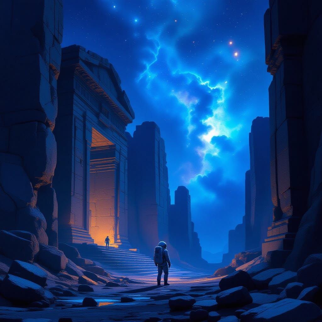 Astronaut Explores Nebula-Lit Ancient Ruins in Digital Matte...