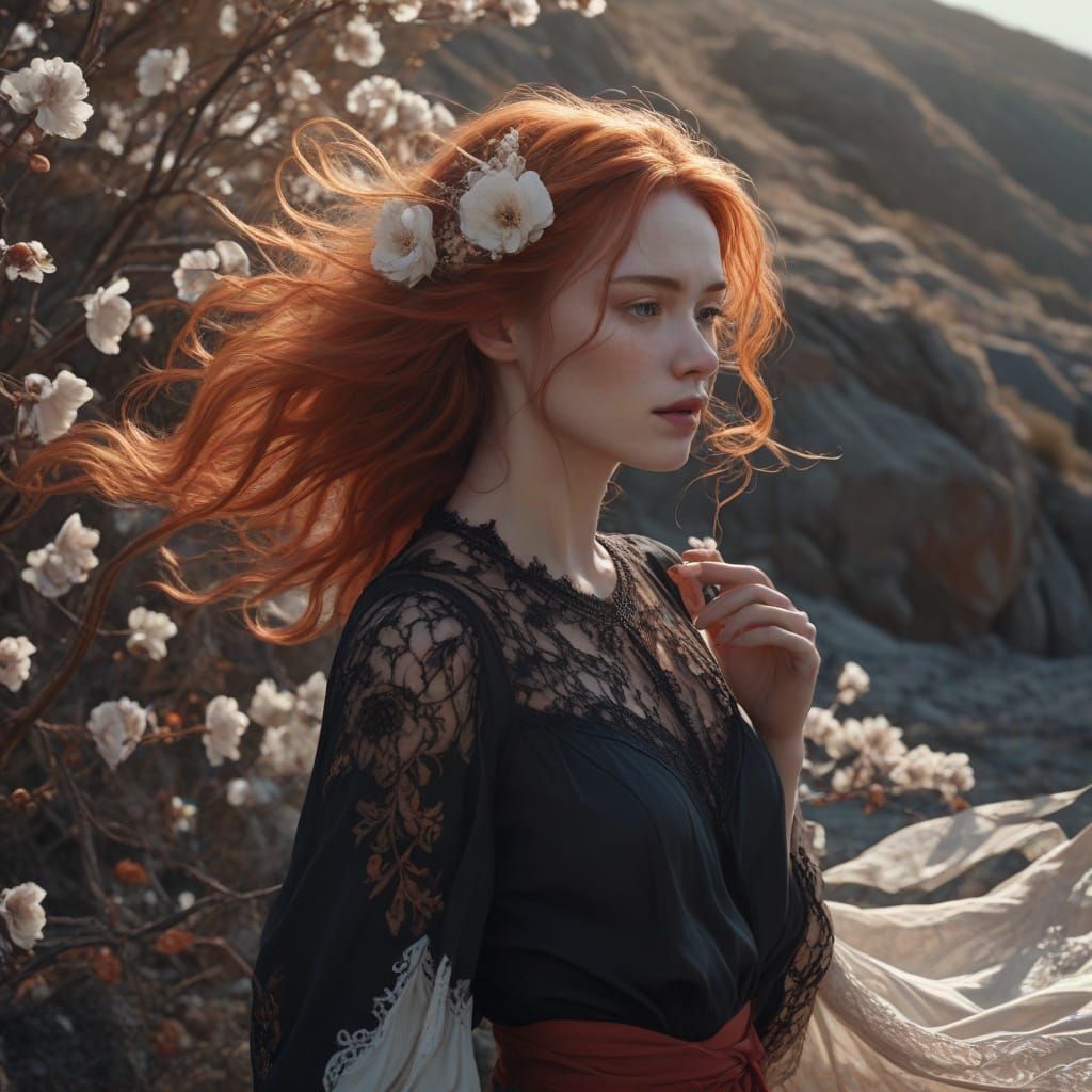 woman stands in a vast, wind-swept terrain