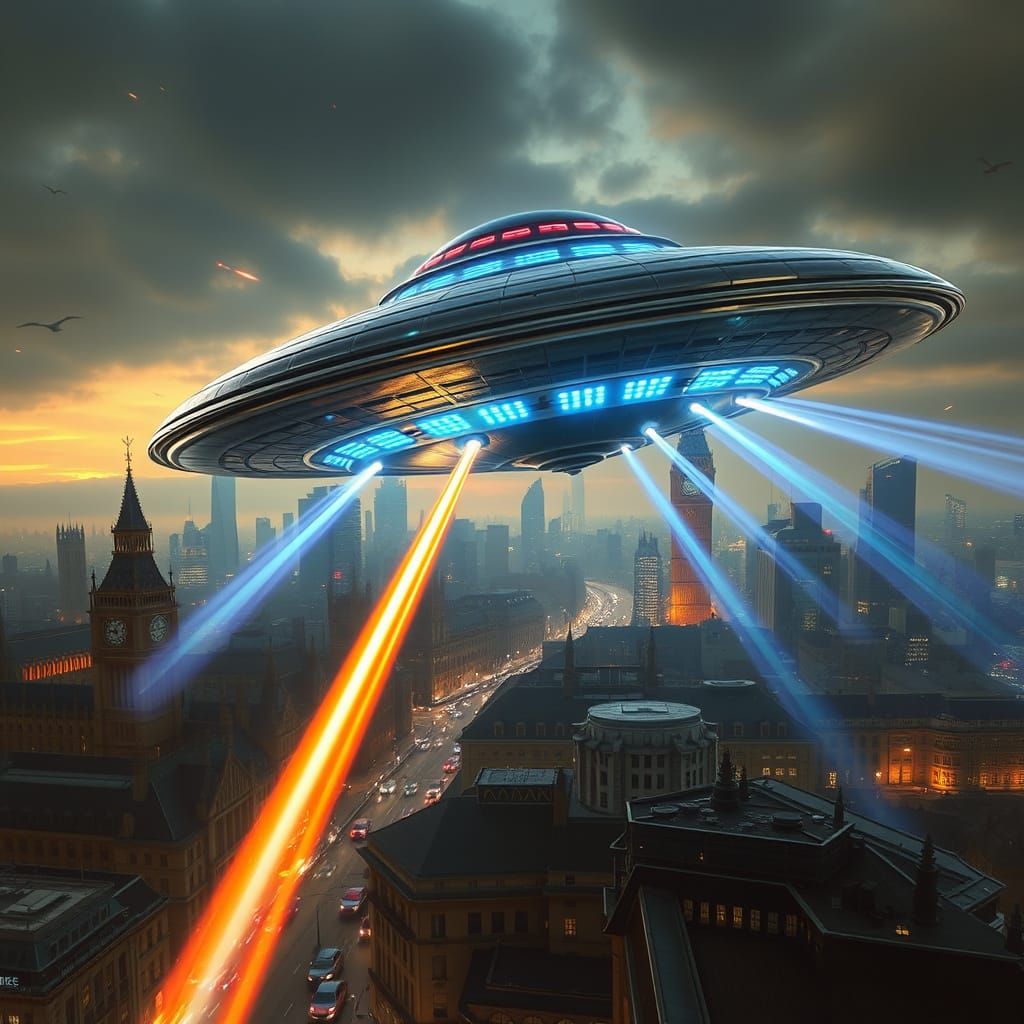 Futuristic Flying Saucer Engulfed in Chaos Over London
